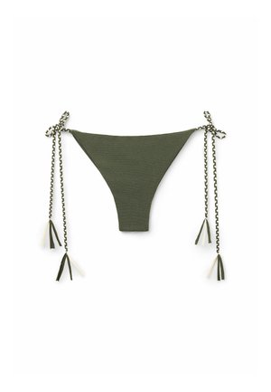 Green bikini bottom with a textured design. Features ties on each side with decorative tassels. Adjustable fit for comfort.