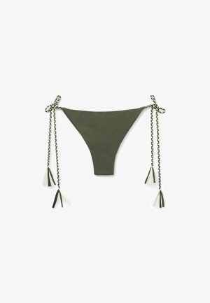 Green bikini bottom with a textured design. Features ties on each side with decorative tassels. Adjustable fit for comfort.