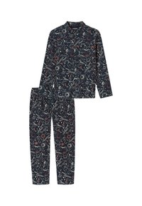 Conjunto de pijama azul marino con un patrón celestial que incluye estrellas, lunas y planetas en blanco y rojo, parte superior de manga larga y pantalones con cintura elástica.