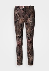 Pantaloni neri con motivo floreale in tonalità di rosa dorato, dal design elegante e con una finitura texturizzata. Dettaglio con bottoni frontali incluso.