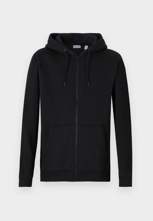 Zwarte zip-up hoodie gemaakt van een katoenmix. Heeft een capuchon met trekkoord, voorzakken en ribgebreide manchetten en zoom. Gladde textuur.