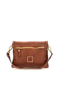 Brown leather handbag with a textured finish, gold zipper, and decorative studded patch featuring brand and date detail. Adjustable strap.