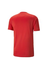 Rotes kurzärmliges T-Shirt mit rundem Ausschnitt, glatter Textur und einem dezenten gemusterten Akzent an der Seite. Hergestellt aus leichtem Stoff.
