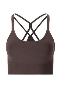 Braun Sport-BH mit nahtlosem Design, verstellbaren Kreuzträgern auf dem Rücken und einem gerippten Bund am unteren Ende für Unterstützung.