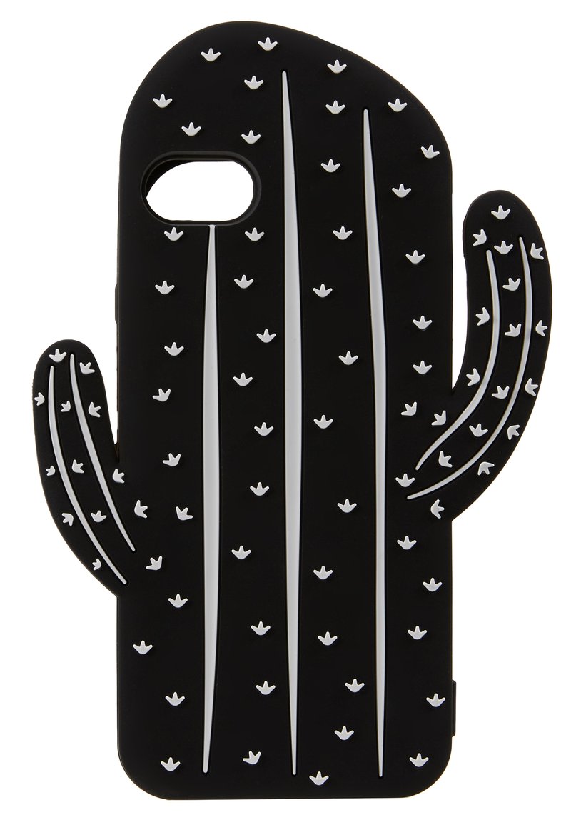 Étui de téléphone en silicone noir conçu en forme de cactus, avec des lignes blanches et de petits motifs floraux pour la texture et les détails.