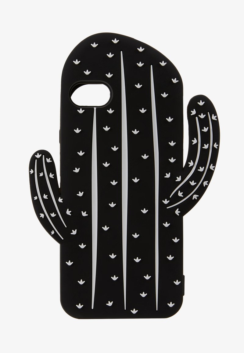 Black silicone phone case designed in the shape of a cactus, featuring white lines and small floral patterns for texture and detail.