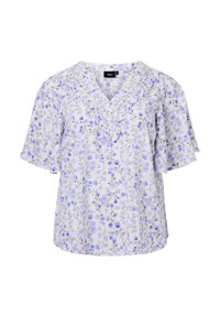 Blouse violet clair à motif floral, col en V, accents à volants et manches courtes. Confectionnée dans un tissu doux et texturé.