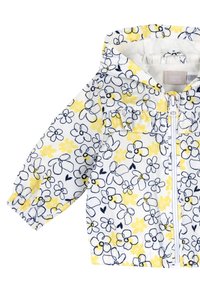 White fabric zip-up jacket featuring a yellow and navy floral pattern, elastic cuffs, and a hood with a ruffled trim.
