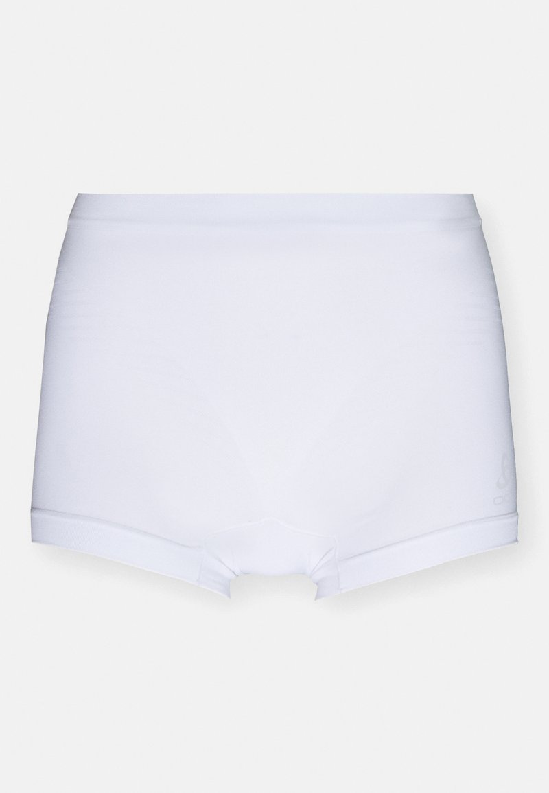 Boxer shorts blancs et respirants avec une texture lisse, dotés d'une large ceinture et d'une longueur mi-cuisse, conçus pour le confort et le soutien.