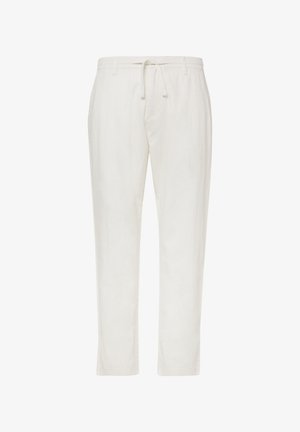 Witte, lichte katoenen broek in een katoenmix met een elastische tailleband en trekkoord. Bevat twee zijzakken en heeft een rechte pijpdesign.