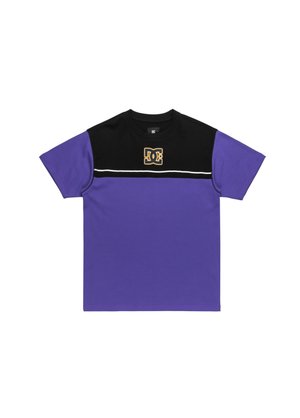 Kurzarm-T-Shirt aus schwarzer und lila Baumwolle, mit einem goldenen DC-Logo auf der Brust und einem weißen horizontalen Streifen über das Design.