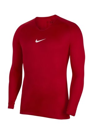 Maglia sportiva rossa a maniche lunghe con logo Nike Swoosh bianco sul petto, progettata per una vestibilità aderente.
