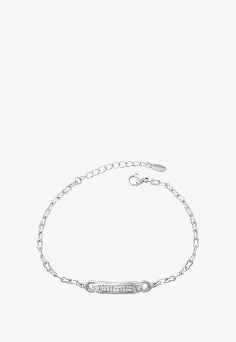 Sidabrinė grandinėlė apyrankė su pailgu juosteliu, kuriame yra eilių skaidrių akmenukų, lygus paviršius ir užsegimas su omaro užsegimu.