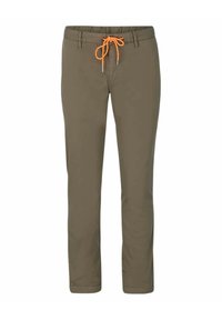 Olivgrüne Hosen mit einem elastischen Bund und orangefarbenem Kordelzug. Verfügt über ein gerades Bein Design und eine glatte Textur.