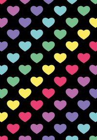 Tissu à motifs avec de petits cœurs dans des couleurs pastel de rose, violet, bleu, vert et jaune sur fond noir.