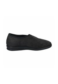 Scarpa slip-on in suede nero con punta arrotondata e suola in gomma bassa. Presenta cuciture minime e una texture liscia.