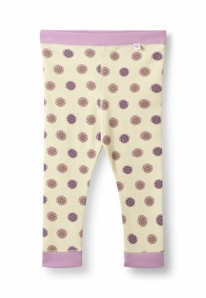 Cream-colored baby leggings with pink and purple floral patterns, and light purple waistband and ankle cuffs.