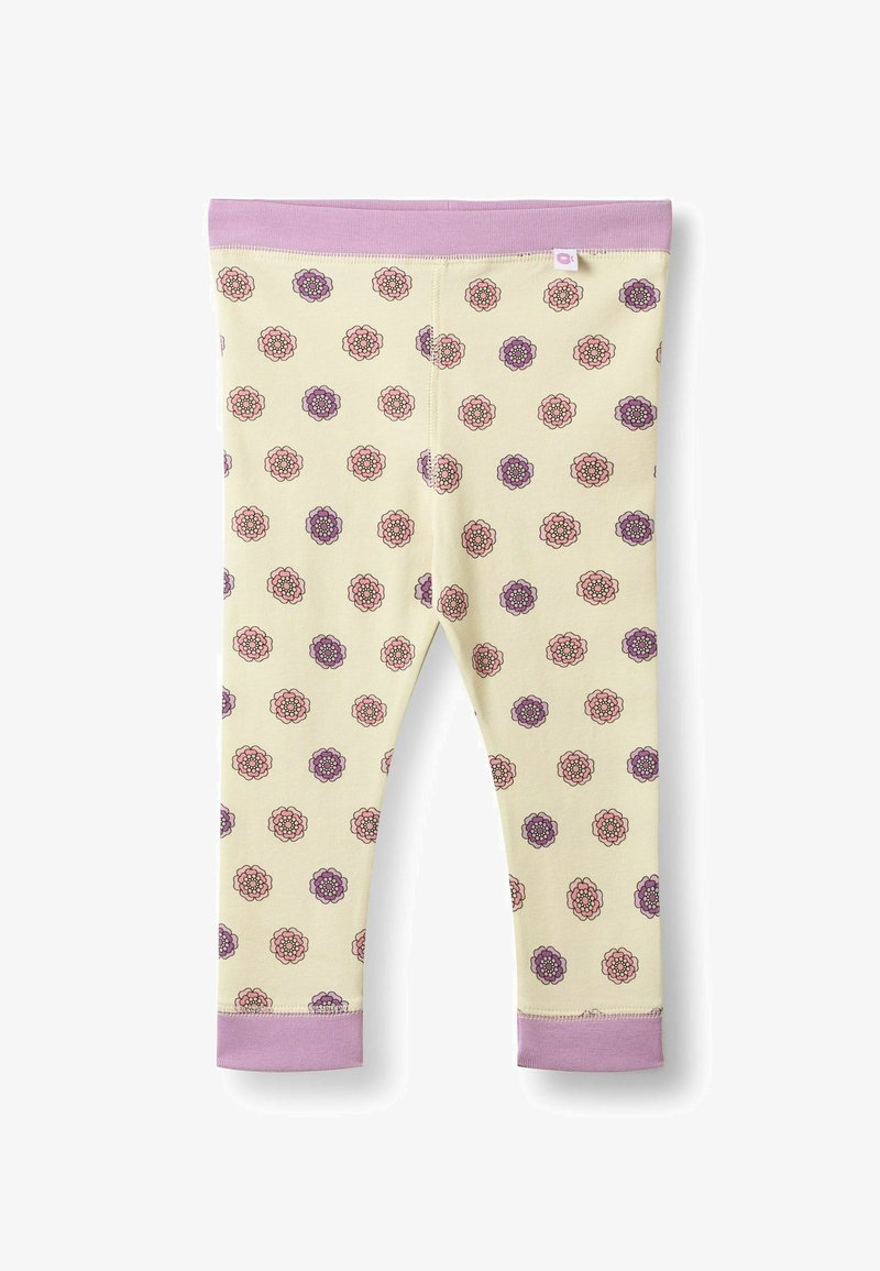Leggings para bebé de color crema con estampados florales en rosa y púrpura, y cintura y puños en los tobillos de color púrpura claro.