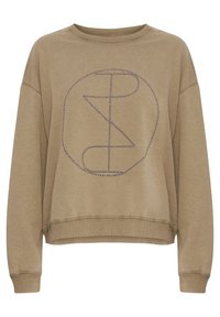 Khaki színű, hosszú ujjú pulóver, kerek nyakkivágással és kör alakú szegecses mintával. Rugalmas mandzsettákkal és aljjal rendelkezik, puha tapintású.