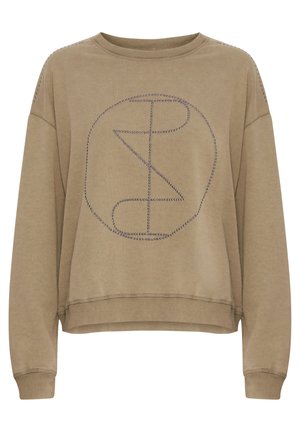 Khaki sweatshirt met lange mouwen, ronde halslijn en een cirkelvormig, gestoken ontwerp. Voorzien van ribgebreide manchetten en zoom, zachte textuur.