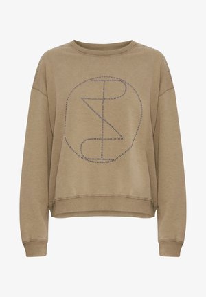 Khaki színű, hosszú ujjú pulóver, kerek nyakkivágással és kör alakú szegecses mintával. Rugalmas mandzsettákkal és aljjal rendelkezik, puha tapintású.