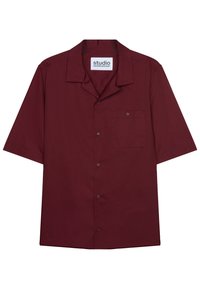 Camicia a maniche corte bordeaux in tessuto liscio con colletto a punta, chiusura con bottoni e taschino sul petto. Design a vestibilità classica.