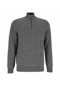 Grauer Pullover mit hohem Kragen und Viertelreißverschluss. Strukturiertes Strickmuster mit gerippten Bündchen und Saum. Schmal geschnittenes Design.