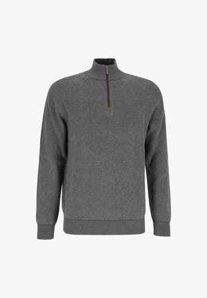 Grauer Pullover mit hohem Kragen und Viertelreißverschluss. Strukturiertes Strickmuster mit gerippten Bündchen und Saum. Schmal geschnittenes Design.