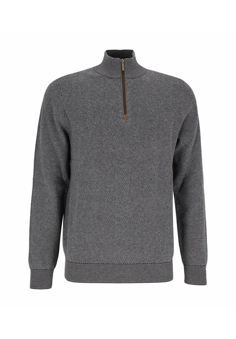 Grauer Pullover mit hohem Kragen und Viertelreißverschluss. Strukturiertes Strickmuster mit gerippten Bündchen und Saum. Schmal geschnittenes Design.