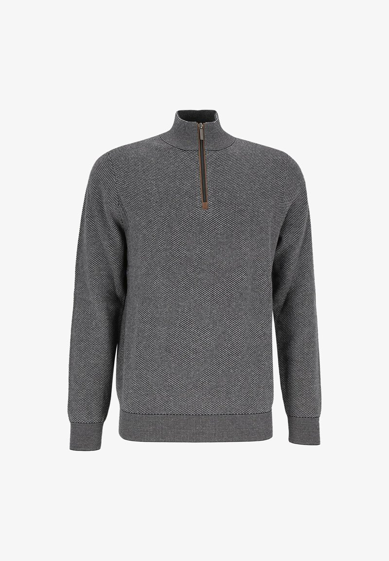 Grauer Pullover mit hohem Kragen und Viertelreißverschluss. Strukturiertes Strickmuster mit gerippten Bündchen und Saum. Schmal geschnittenes Design.