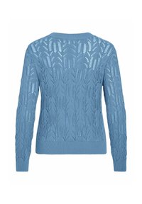 Knitted light blue sweater with a textured leaf pattern, ribbed cuffs, and hem. Features long sleeves and a round neckline.