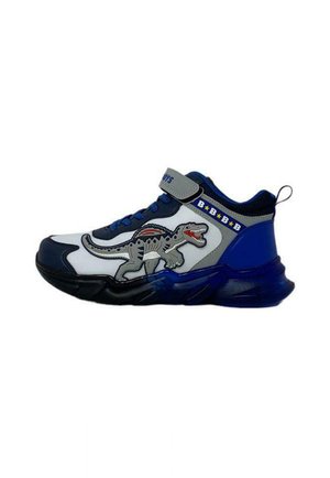 Sneaker blu e bianche con grafica di un dinosauro, dotate di cinturino in Velcro, superficie testurizzata e suola ammortizzata.