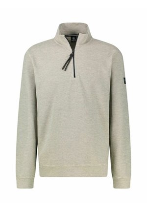 Hellbeiger Pullover mit Viertel-Reißverschluss, Rippenstruktur, langen Ärmeln, Stehkragen und schwarzem Reißverschluss-Zug in der vorderen Mitte.