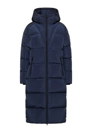 Navy puffer coat with a hood, featuring diagonal quilted patterns, a full front zipper, and two zippered side pockets.