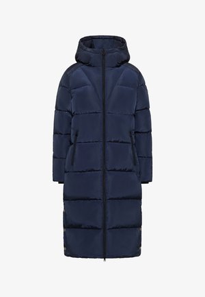 Navy puffer coat with a hood, featuring diagonal quilted patterns, a full front zipper, and two zippered side pockets.
