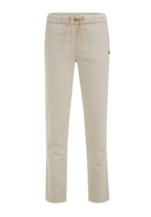 Beige casual pants with elastic waistband and drawstring, straight legs, and side pockets.