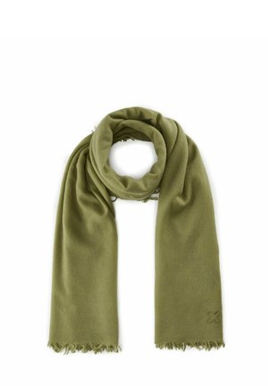 Grüner Schal aus weichem Stoff, mit einem schlichten Design, fransigen Kanten und einem kleinen gestickten Akzent.