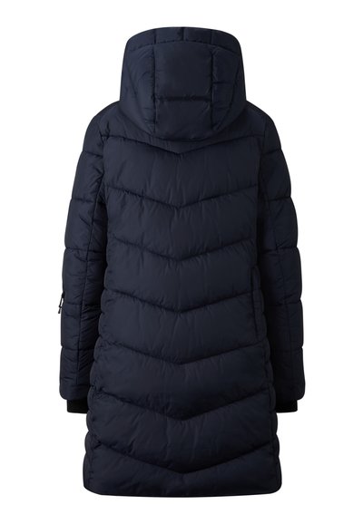 Dunkelblauer,padded Mantel mit Kapuze, Zickzack-Steppung und elastischen Bündchen. Das Design umfasst eine Seitenreißverschlusstasche für zusätzliche Funktionalität.