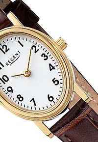 Montre ronde en tone or avec un cadran blanc, des chiffres arabes noirs, et un bracelet en cuir marron. Présente un design simple et une couronne sur le côté.