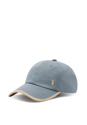 Hellblaues Baseballcap mit beigem Rand an der Krempe und kleinem beigem Vogel-Logo auf der Vorderseite, vor weißem Hintergrund.