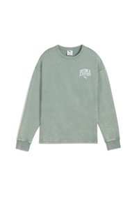 Sweatshirt vert clair à manches longues avec des poignets côtelés. Présente le logo et le texte "PUMA" en blanc sur la poitrine gauche. Tissu doux et texturé.