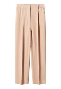 Pantalon beige sur mesure avec une taille haute, des jambes larges et des plis à l'avant. Doté d'une fermeture à bouton et d'une texture lisse.