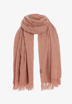 Zachte, roze gebreide sjaal met een visgraatpatroon, voorzien van franjeranden en een gestructureerde afwerking. Meet ongeveer 178 centimeter in lengte.