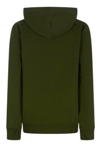 Felpa verde oliva con una texture liscia, un cappuccio arrotondato e polsini a costine. Design semplice, senza motivi o decorazioni.