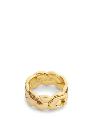 Gold-tone ring featuring a braided design with smooth surfaces and accented with brown stones for added visual interest.