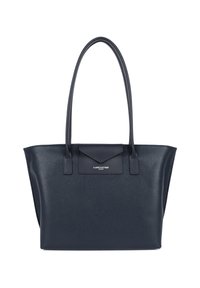Sac fourre-tout en cuir marine avec double poignées, forme structurée, surface texturée, et un rabat avant arborant un logo au centre.