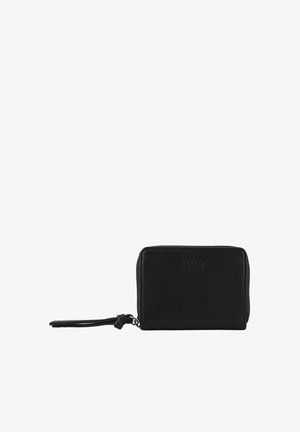 Black textured leather wallet with wrist strap and zipper closure, branded with subtle embossed logo on front center.