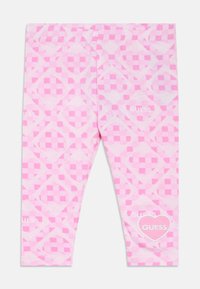 Ροζ κολάν με καρό μοτίβο, με λογότυπο λευκής καρδιάς και κείμενο, κατασκευασμένο από απαλό ύφασμα. Ανθεκτικό και εφαρμοστό σχέδιο.