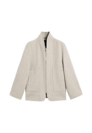 Veste gris clair en mélange de laine avec fermeture éclair à l'avant, col montant et deux poches avant. Présente une coupe décontractée et une texture douce.