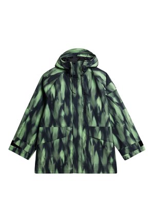 Chaqueta con capucha de diseño a rayas verde y negra, con cierre de cremallera, grandes bolsillos y puños ajustables para un ajuste seguro.